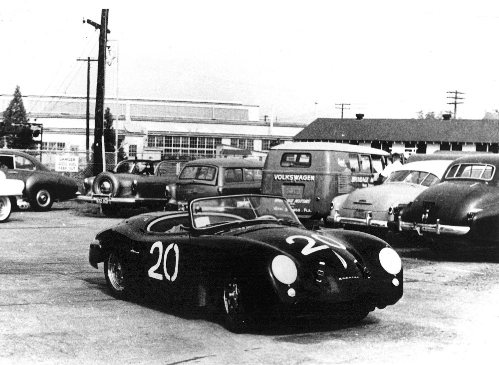 Porsche 356 No. 20 beside the Brundage Motors Volkswagen bus