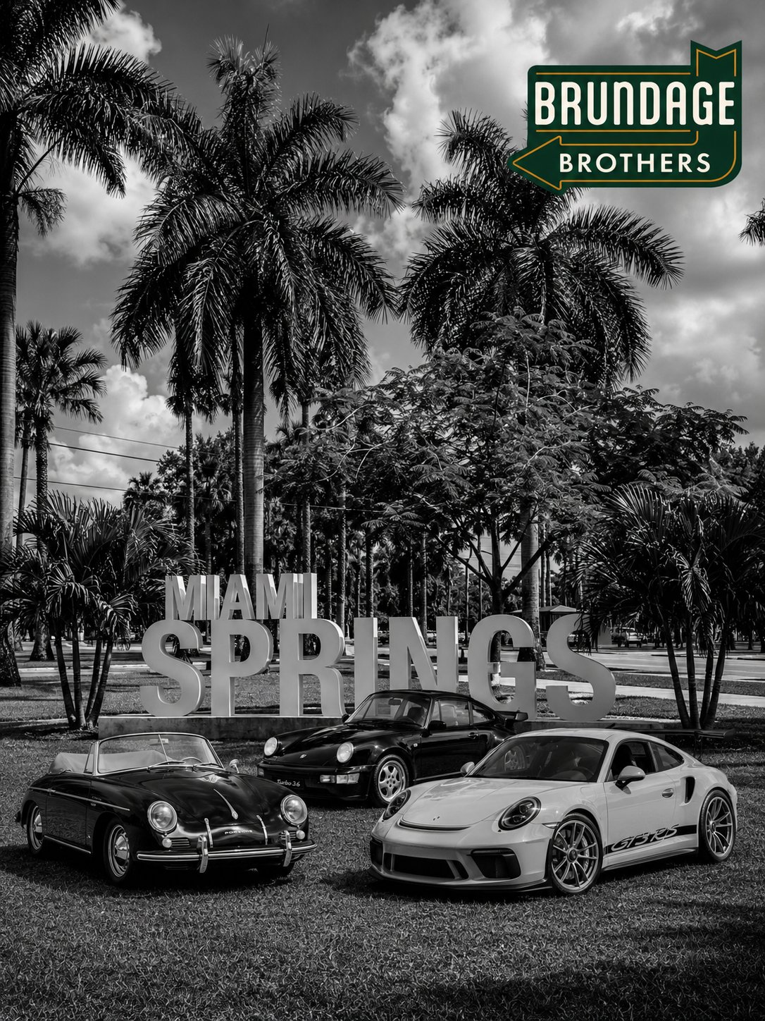 Three Porsche generations at the Miami Springs sign — Brundage Brothers